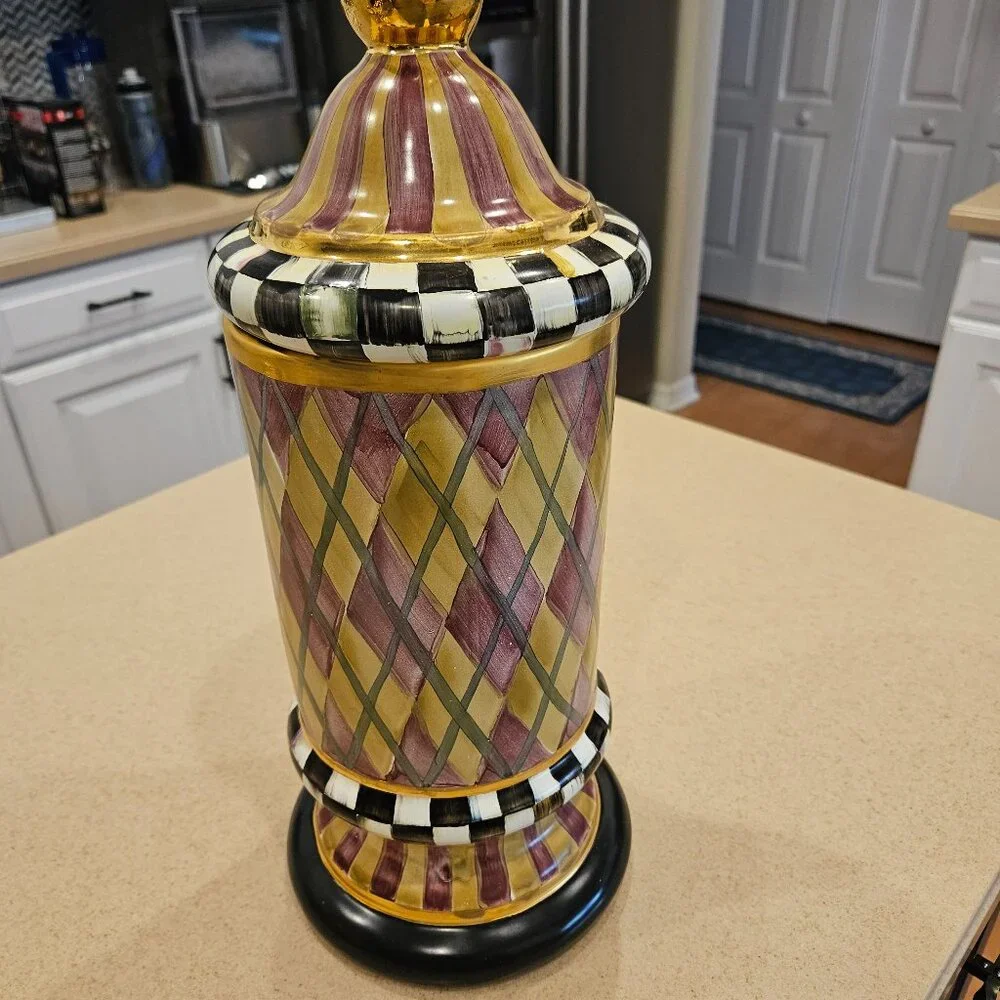 RARE MACKENZIE CHILDS ARGYLE PLAID AURORA CERAMIC COLUMN STORAGE CANISTER JAR